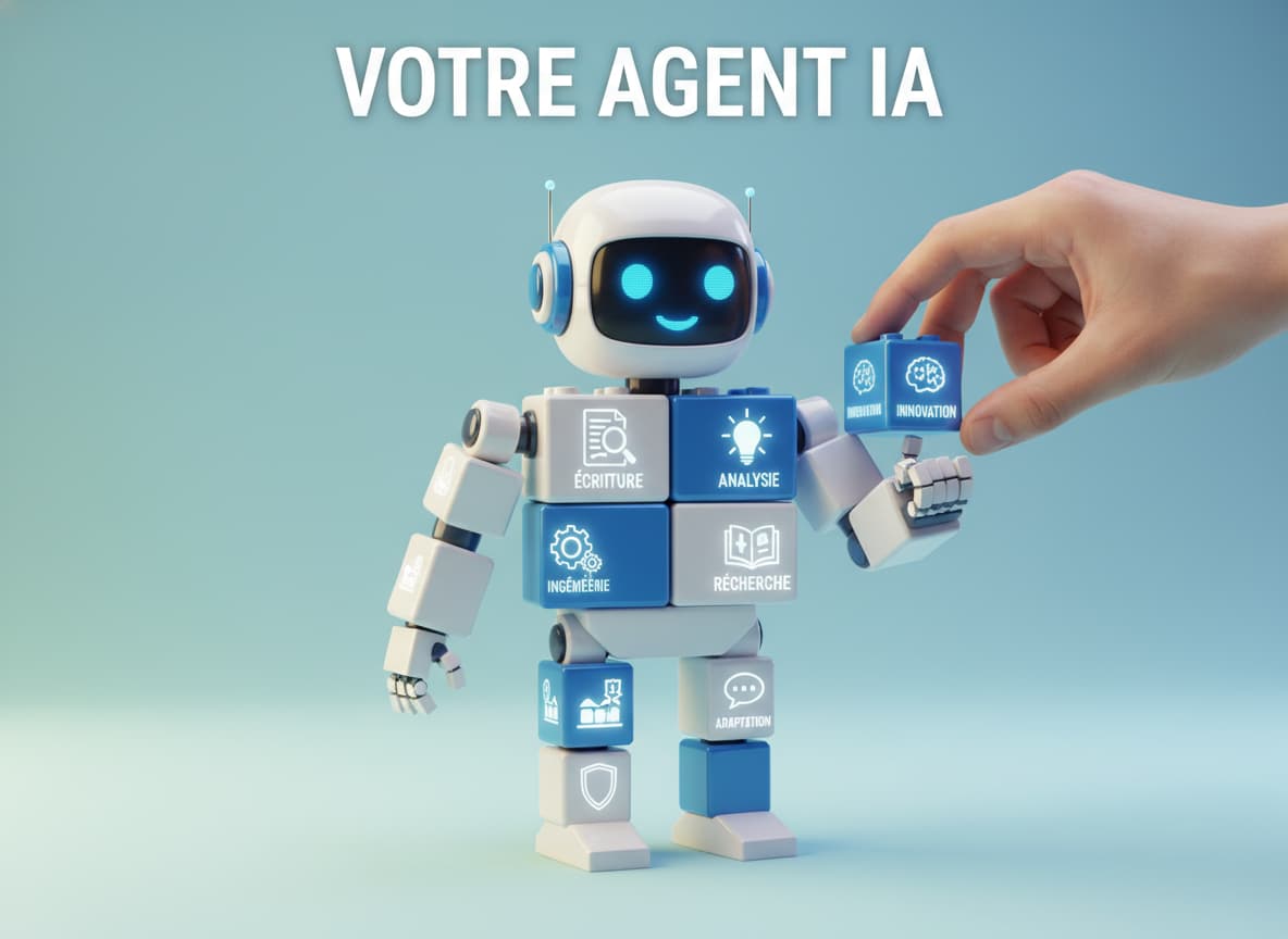 Blocs de construction colorés s'assemblent pour former un robot amical, une main place le dernier bloc, des icônes représentent des compétences.