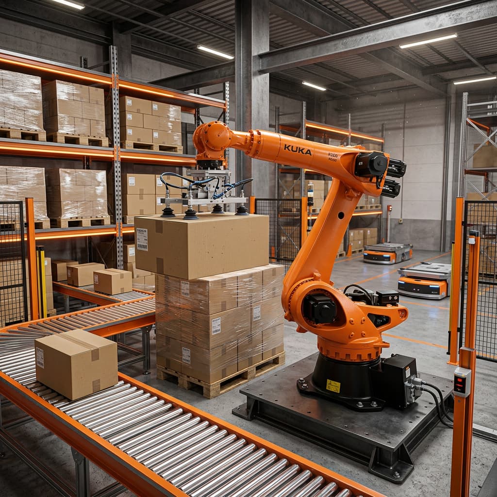 Un bras articulé orange Kuka manipule des cartons lourds pour la palettisation dans un entrepôt logistique moderne aux textures métalliques.