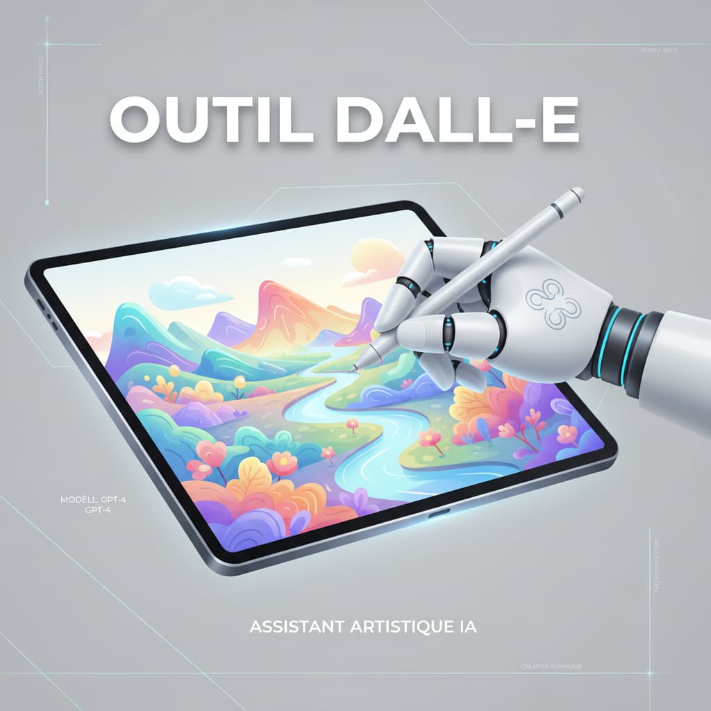 Un bras robotique dessine un paysage coloré sur une tablette numérique, avec le texte 'OUTIL DALL-E' en superposition.