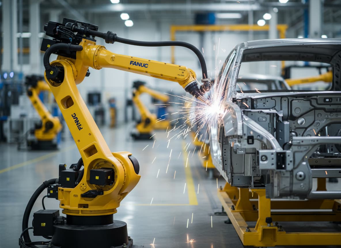 Un bras robotique industriel Fanuc jaune vif réalise un soudage de précision sur un châssis de voiture avec des étincelles dans une usine automobile moderne.