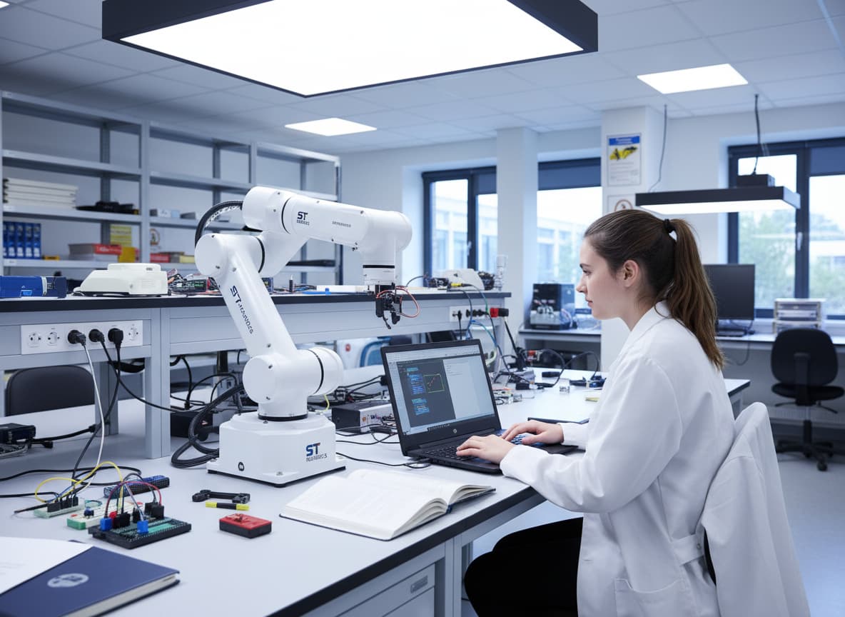 Un étudiant programme un bras robotique compact ST Robotics à l'aide d'un ordinateur portable dans un laboratoire universitaire lumineux.
