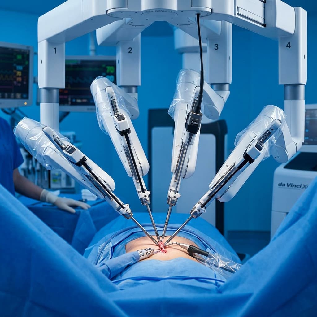 Des bras articulés d'un robot chirurgical manipulent des instruments de précision lors d'une opération dans un bloc opératoire stérile aux éclairages bleutés.