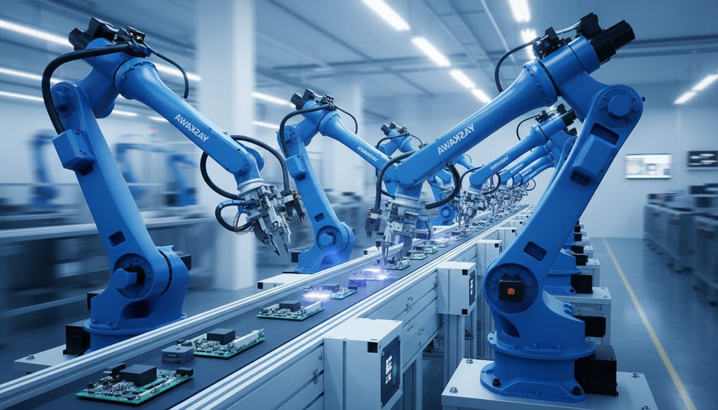 Bras robotisés Yaskawa Motoman bleus en action synchronisée sur une ligne d’assemblage électronique sous un éclairage froid.