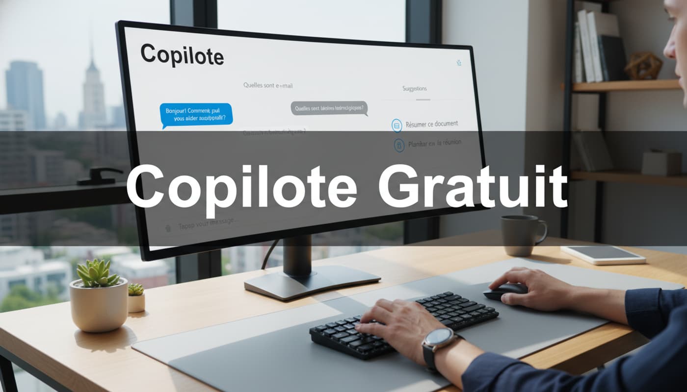 Une personne tape sur un clavier devant un écran lumineux affichant une interface de chatbot intitulée 'Copilot' avec un bandeau sombre portant le texte 'Copilot Gratuit'.