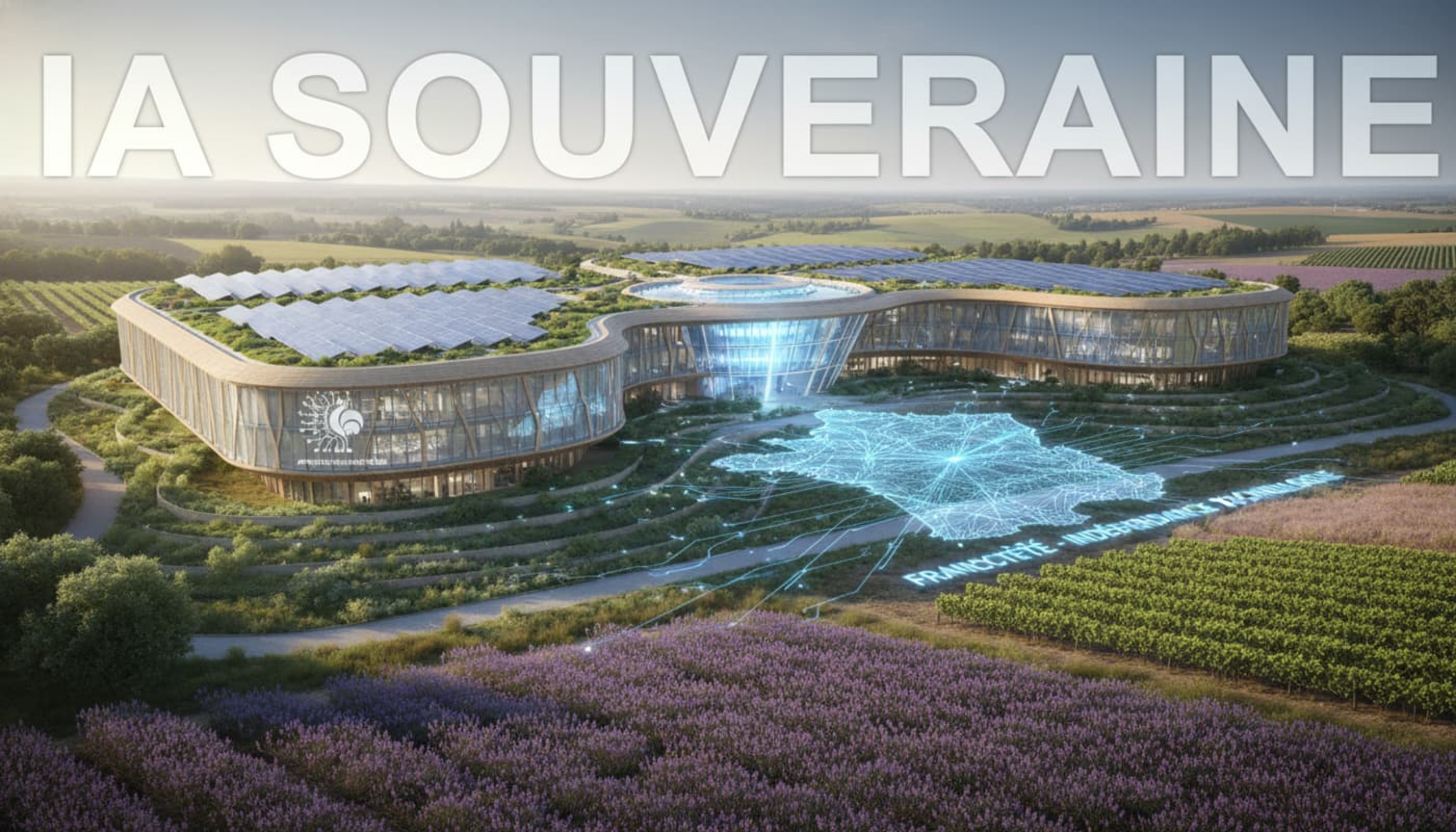 Centre de données futuriste écologique avec toits végétalisés et panneaux solaires, un hologramme numérique de la France en premier plan avec des lignes de connectivité, et un texte superposé 'IA SOUVERAINE' sur fond semi-transparent.