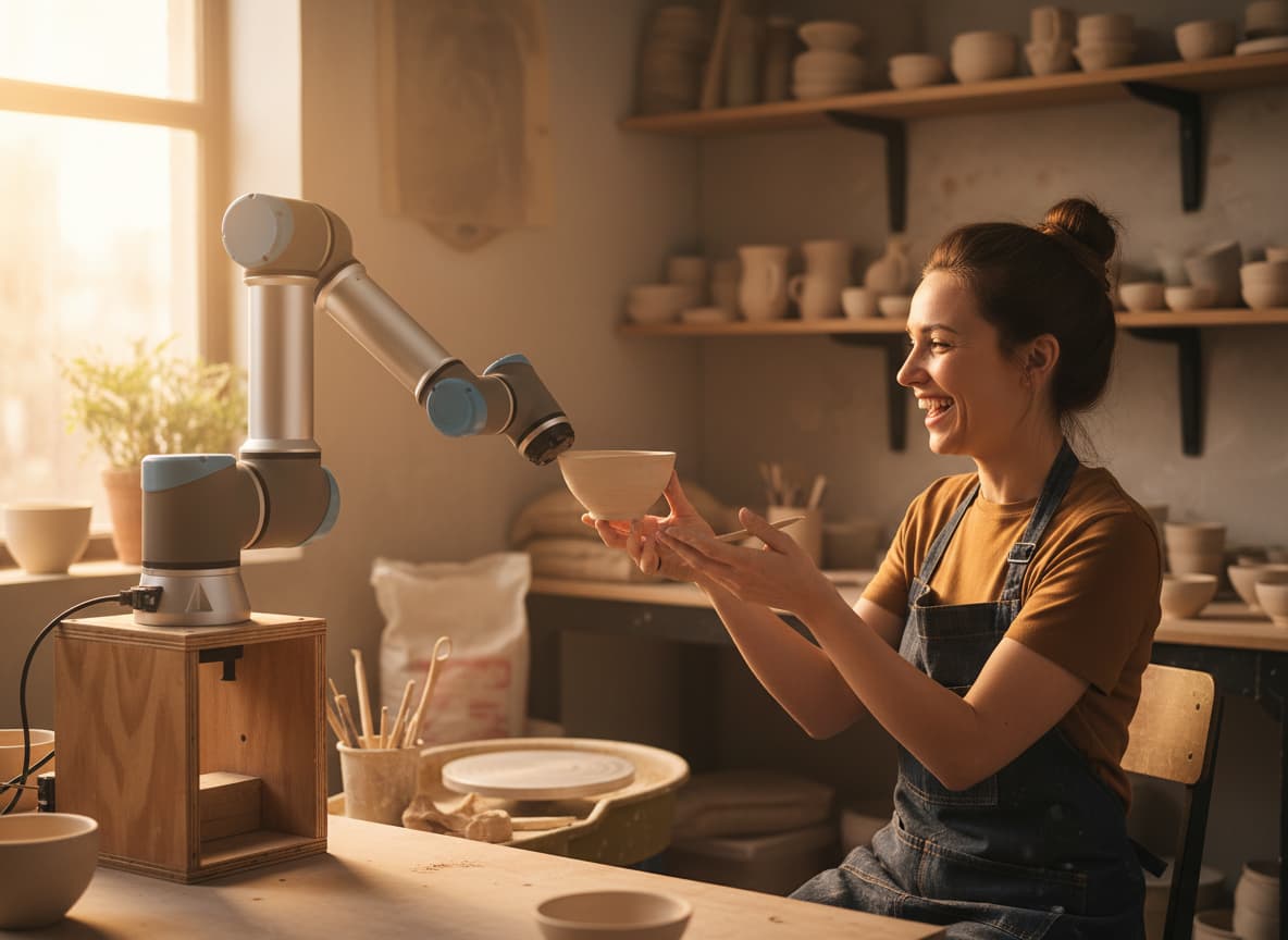 Un robot collaboratif Universal Robots aux articulations bleues distinctives travaille avec un opérateur souriant dans un petit atelier artisanal chaleureux.
