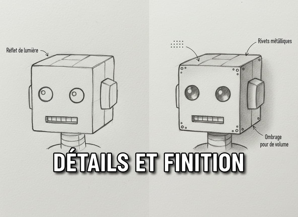 Une vue scindée compare une tête de robot basique à une version améliorée avec des reflets, des rivets et des ombrages, avec le texte DÉTAILS ET FINITION.