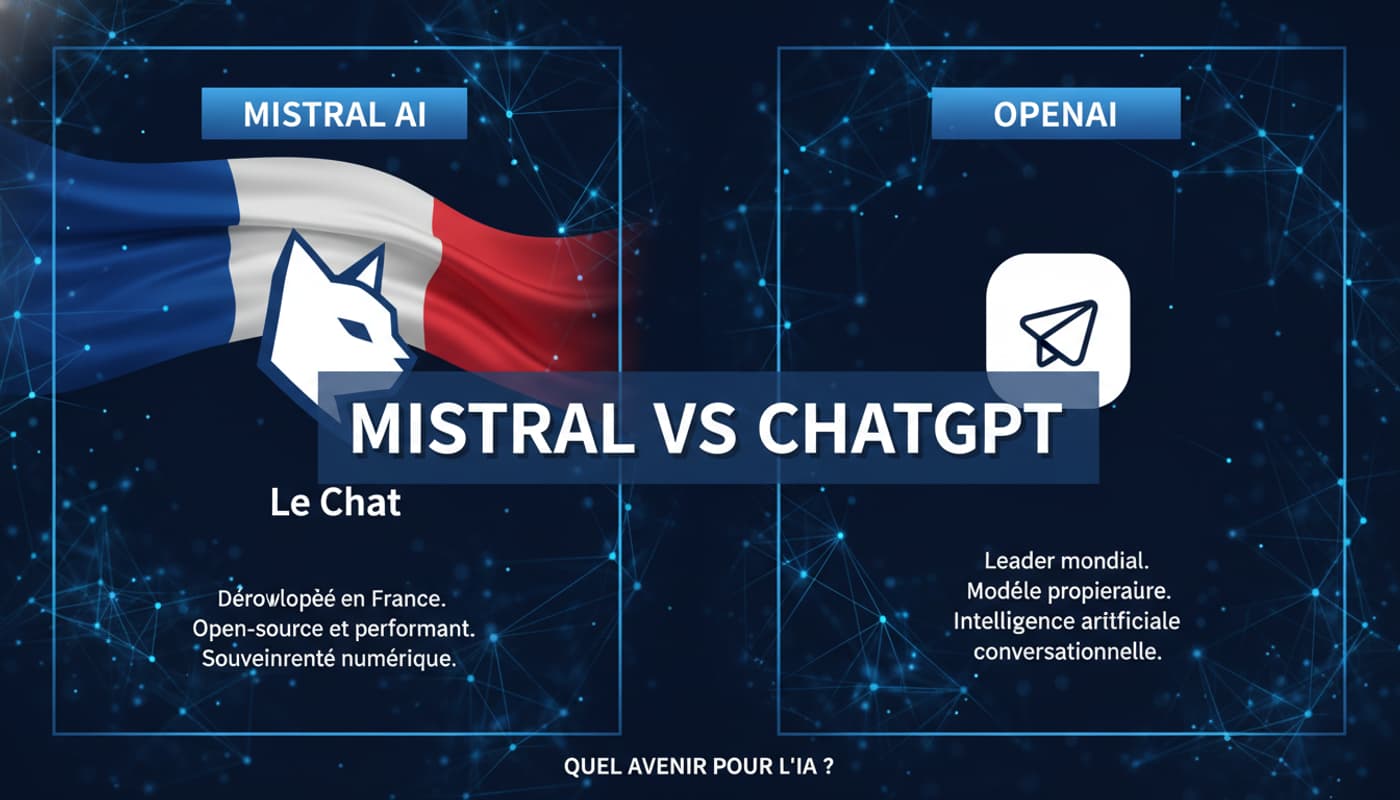 Comparaison éditoriale entre Mistral et ChatGPT avec leurs logos respectifs, fond de réseaux neuronaux lumineux, et texte 'MISTRAL VS CHATGPT' en superposition.