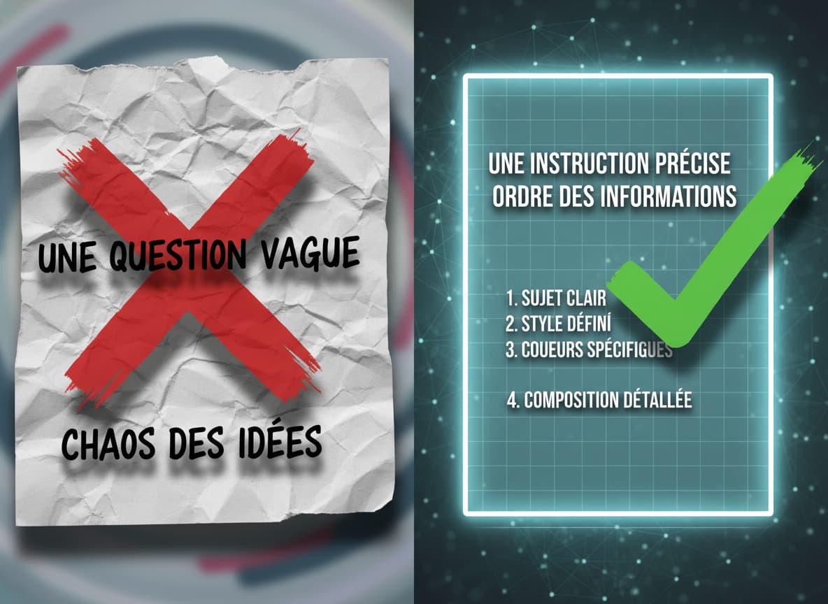 Comparaison côte à côte d'un document papier flou avec le mot 'Flou' et d'un document numérique net avec le mot 'Précis', accompagnés d'une croix rouge et d'une coche verte.
