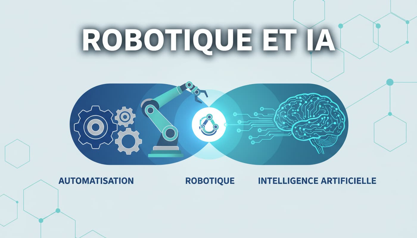 Trois icônes isométriques d'engrenages, bras articulé et cerveau neuronal illustrent l'automatisation, la robotique et l'IA sous le titre Robotique et IA.