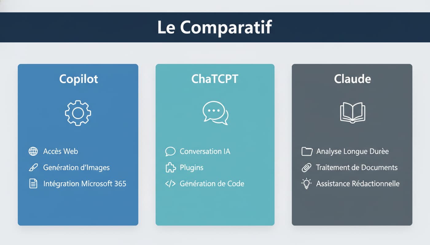 Infographie comparant trois assistants IA avec des cartes étiquetées Copilot, ChatGPT et Claude, affichant des icônes et des fonctionnalités en français, avec une bannière 'Le Comparatif' en haut.