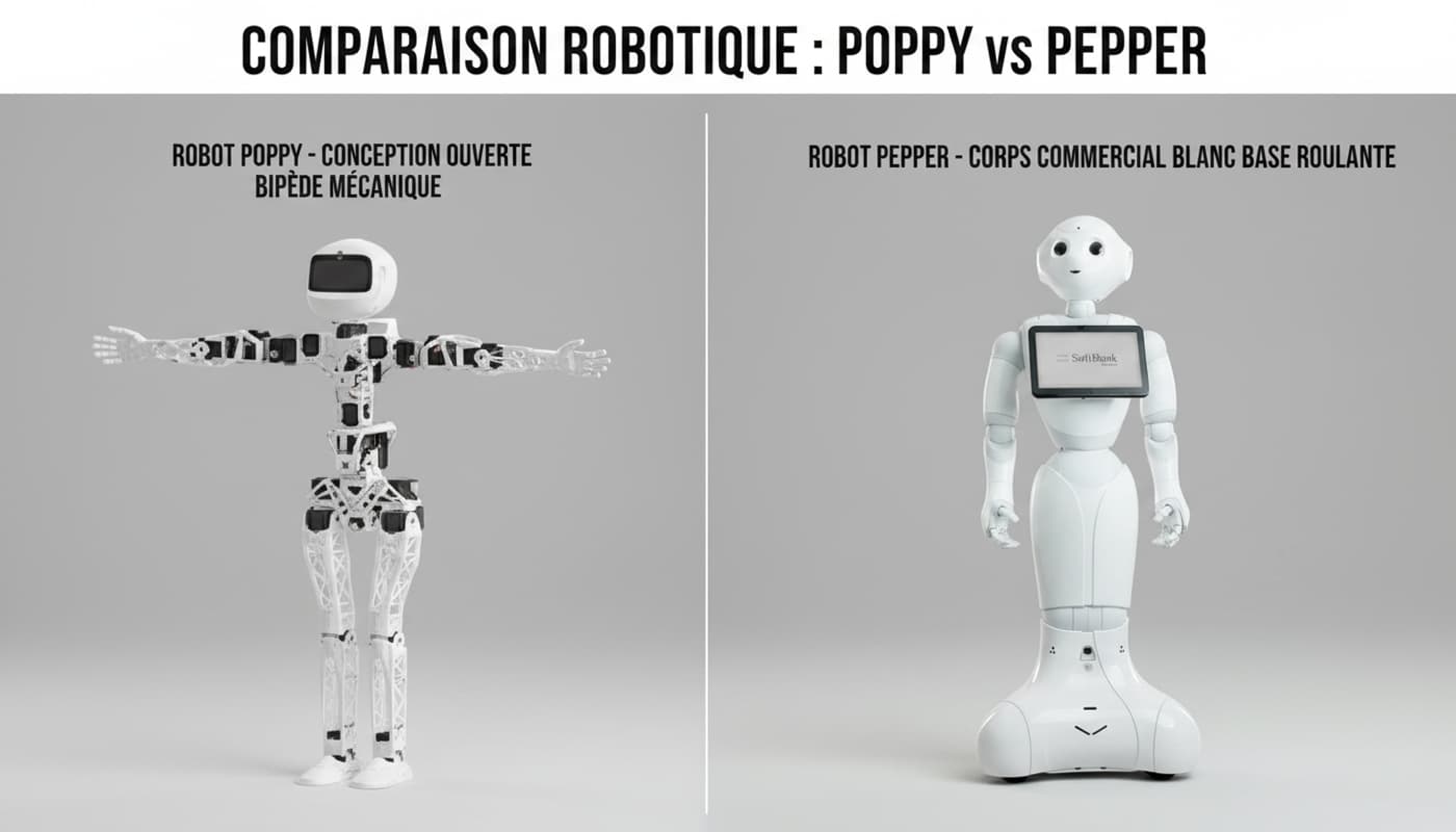 Le robot Poppy à l'ossature mécanique articulée et le robot Pepper au corps blanc épuré sur socle à roulettes sont comparés côte à côte dans un studio neutre.
