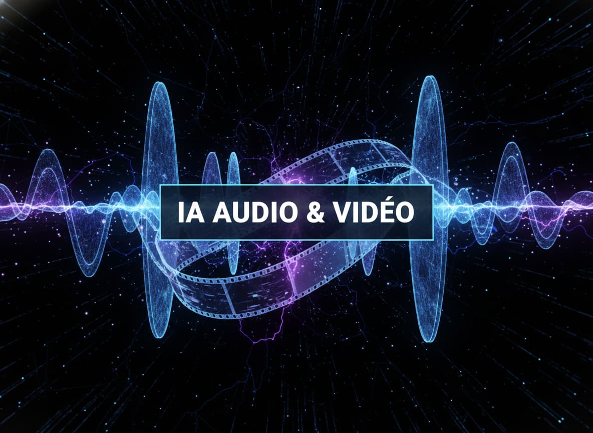Ondes sonores 3D lumineuses et bandes de film translucides flottent dans un espace numérique sombre, des étincelles bleues et violettes jaillissent entre elles, avec le texte 'IA AUDIO & VIDÉO' superposé.