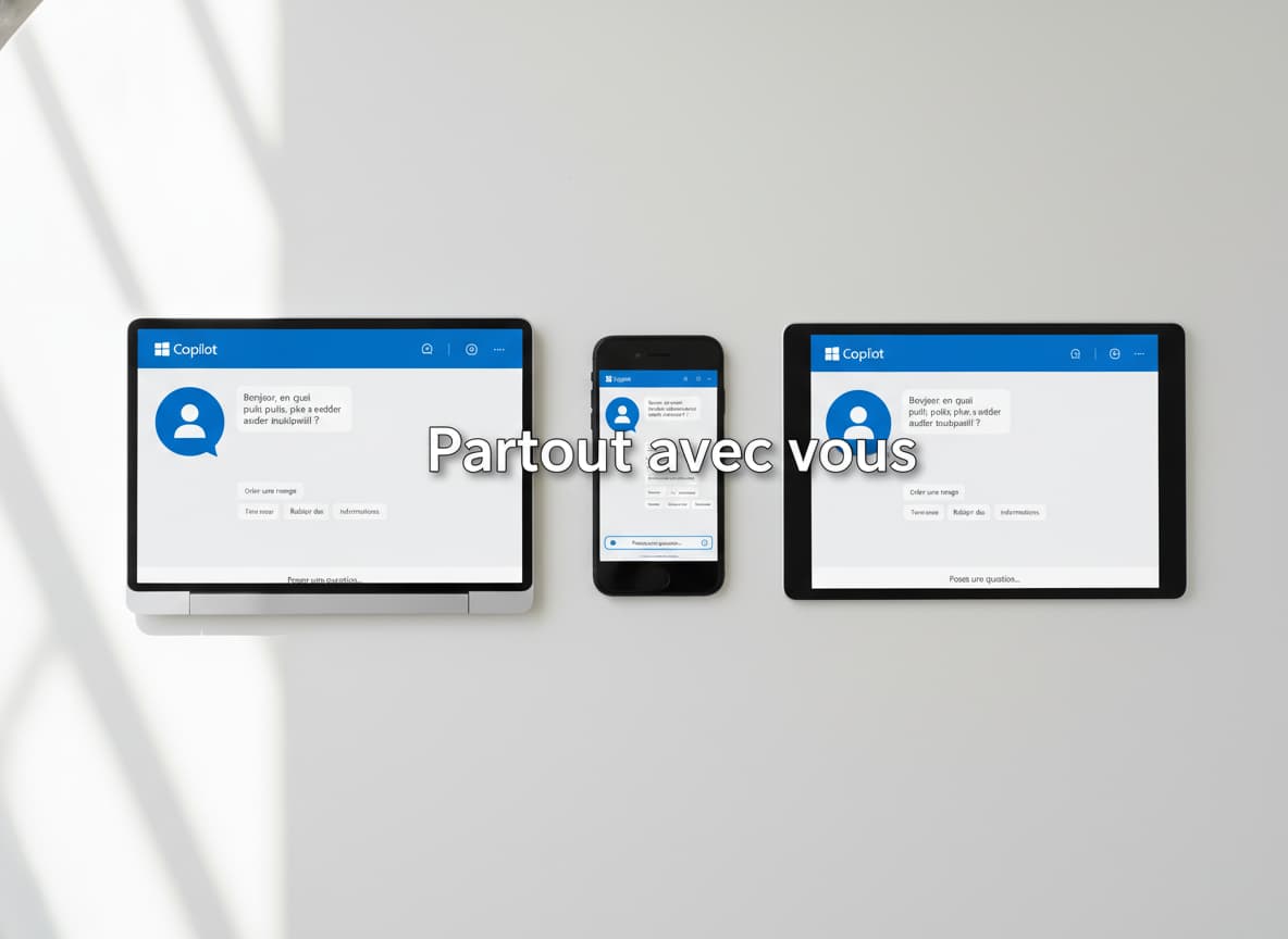 Un ordinateur portable Windows, un iPhone et une tablette Android disposés sur un bureau blanc affichent l'interface Copilot, avec le texte 'Partout avec vous' en superposition.