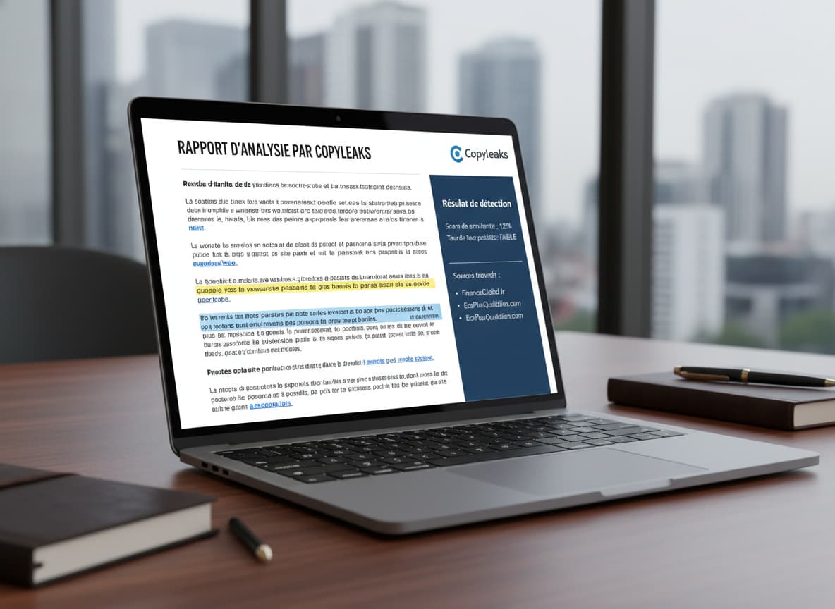 Un écran d'ordinateur portable affiche un rapport Copyleaks avec du texte surligné et une barre latérale intitulée 'Résultat de détection'.