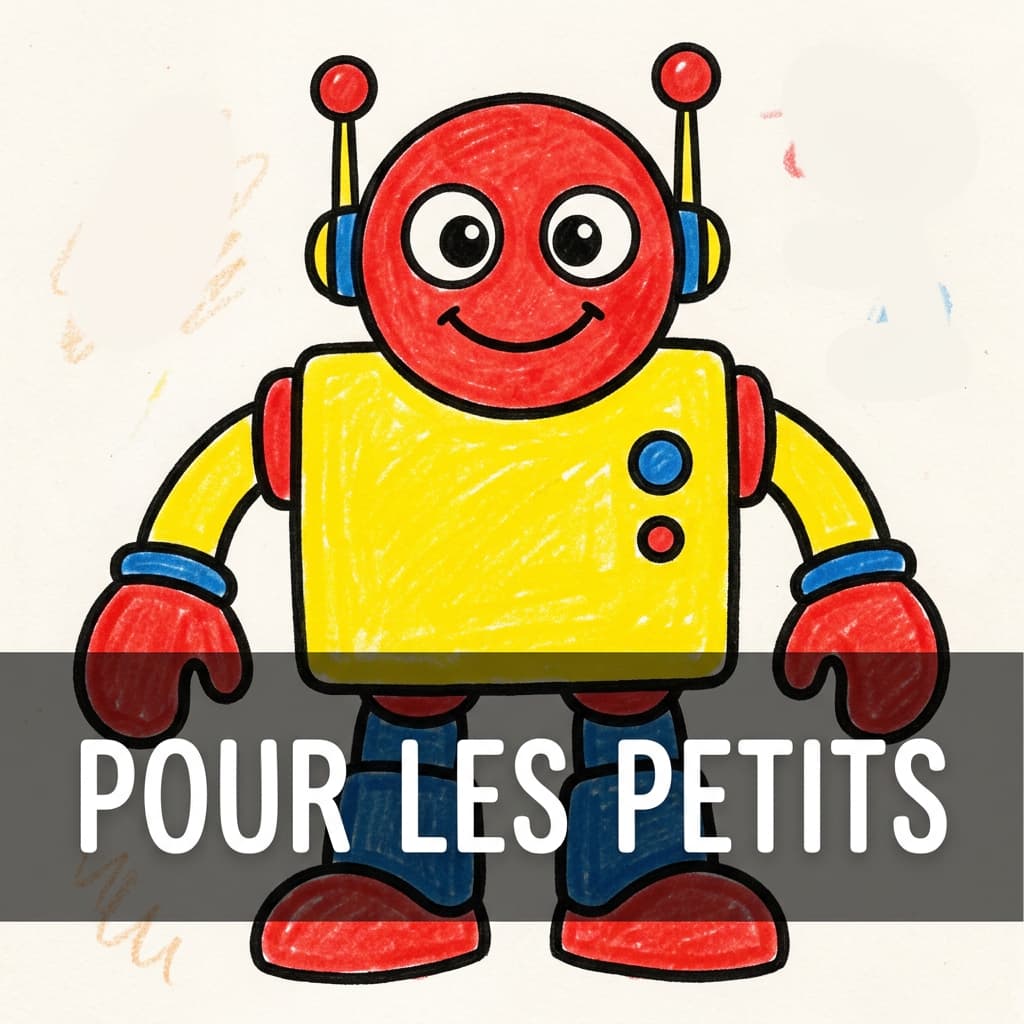 Un robot souriant composé de formes géométriques simples aux couleurs rouges et jaunes vives avec l'inscription POUR LES PETITS sur un bandeau sombre.
