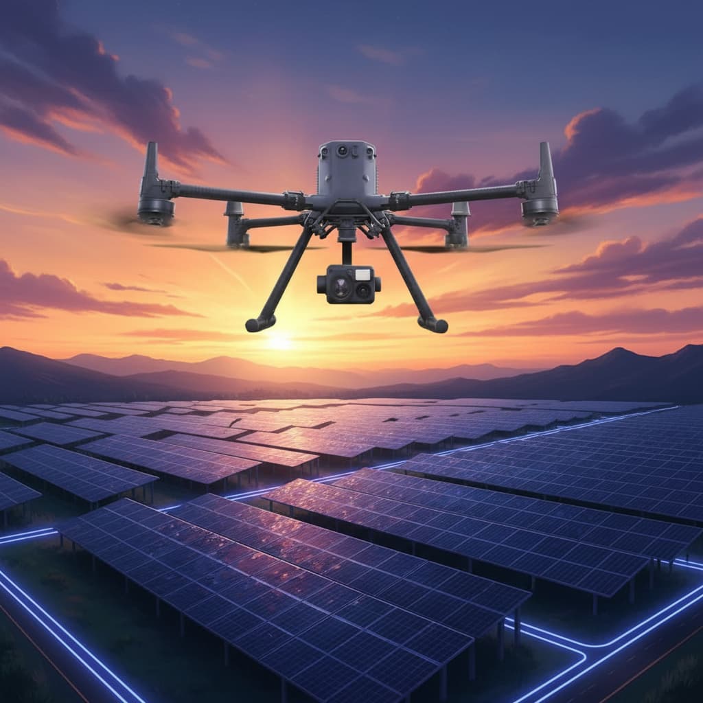 Un drone DJI Enterprise équipé de capteurs survole une vaste centrale solaire photovoltaïque aux reflets dorés lors d'un coucher de soleil.