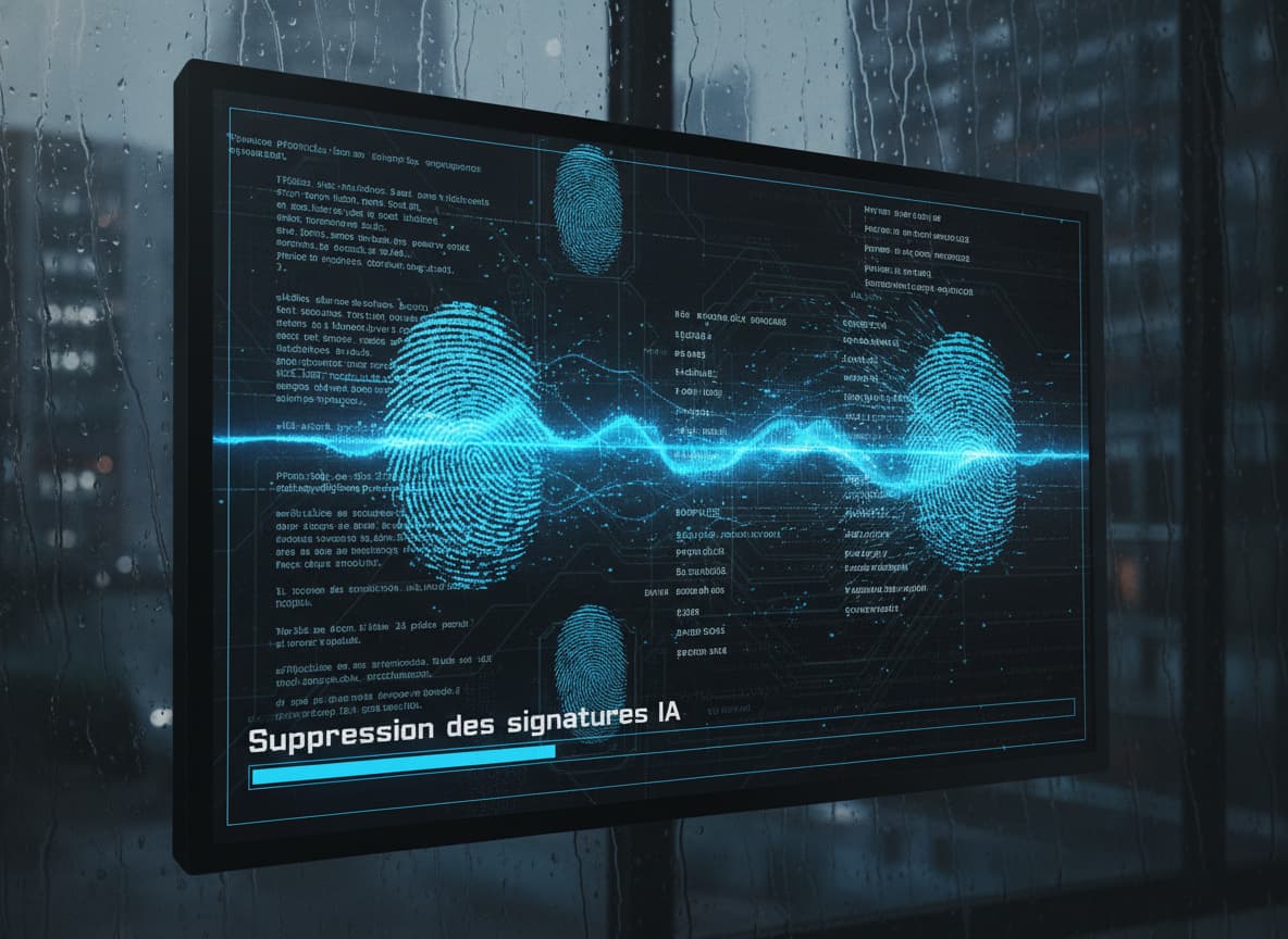 Un écran numérique affiche des empreintes digitales bleues lumineuses en cours d'effacement, avec une barre de progression indiquant 'Suppression des signatures IA' en français.