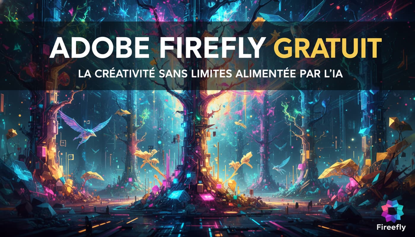 Fonds numérique vibrant avec des éclats de lumière colorés et des formes géométriques se transformant en une forêt surréaliste, avec le texte 'ADOBE FIREFLY GRATUIT' superposé.