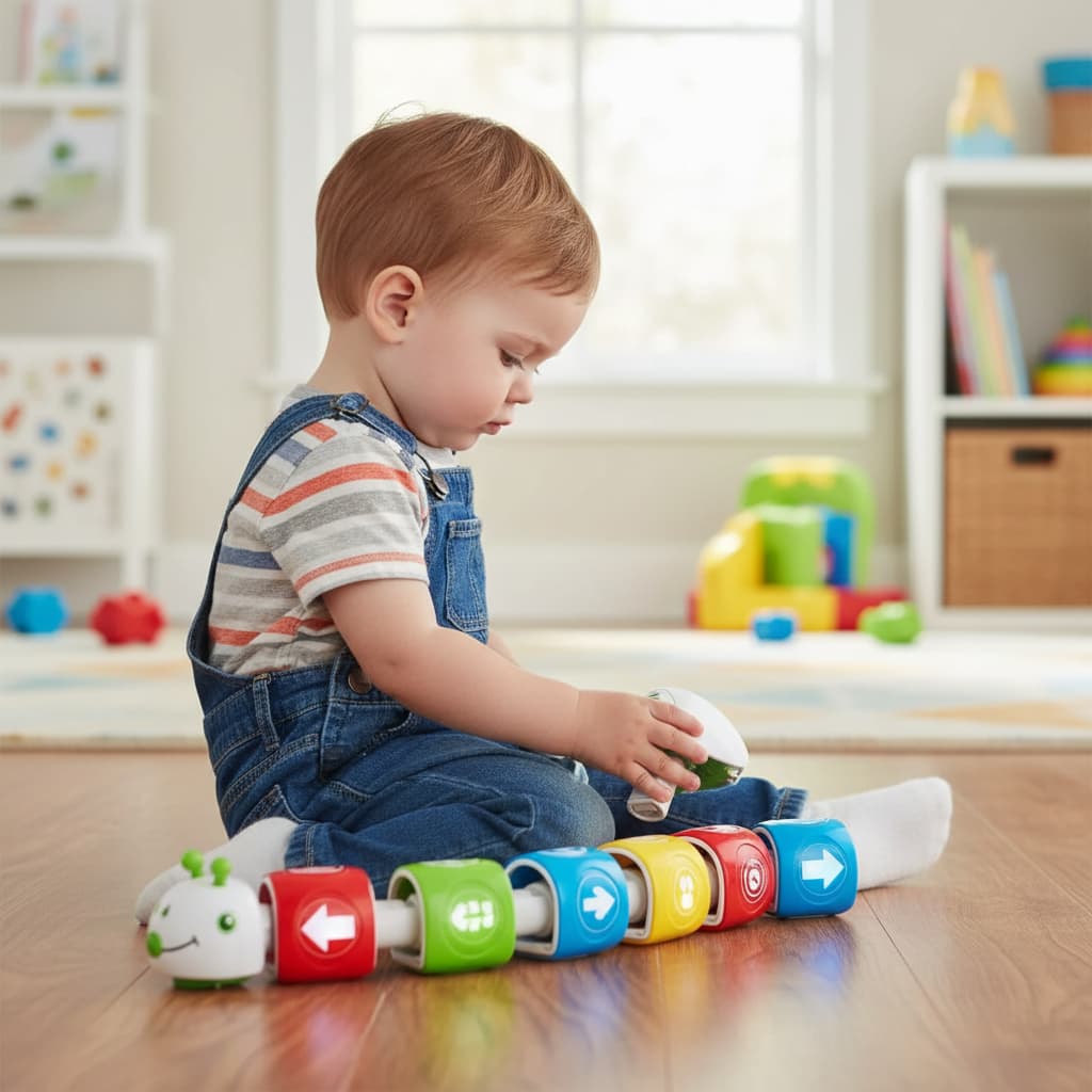 Un enfant assemble des segments lumineux et colorés du jouet modulaire robot Code-a-Pillar de Fisher-Price sur un parquet en bois dans une salle de jeux.