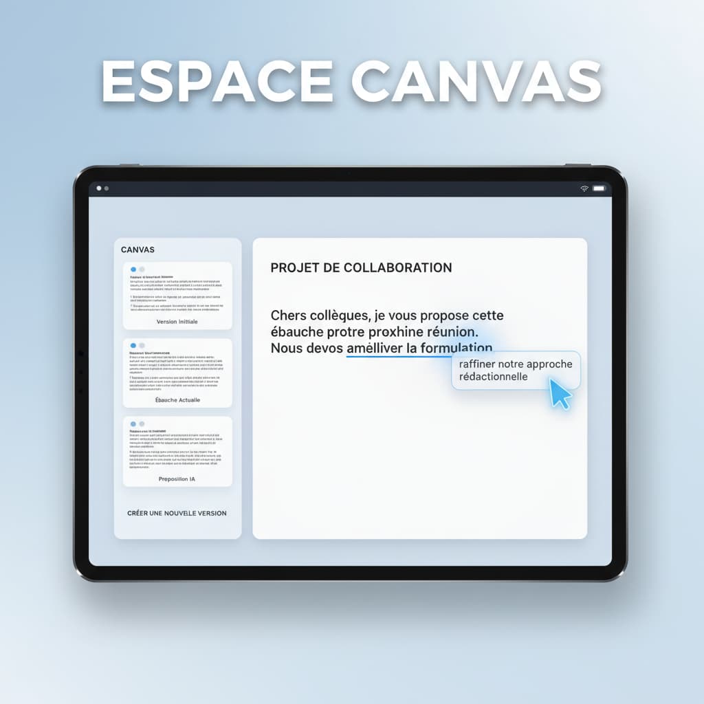 Vue plongeante d'un espace de travail numérique avec un curseur IA suggérant des améliorations sur un document texte en français, et un panneau latéral 'Canvas' affichant différentes versions d'un brouillon.