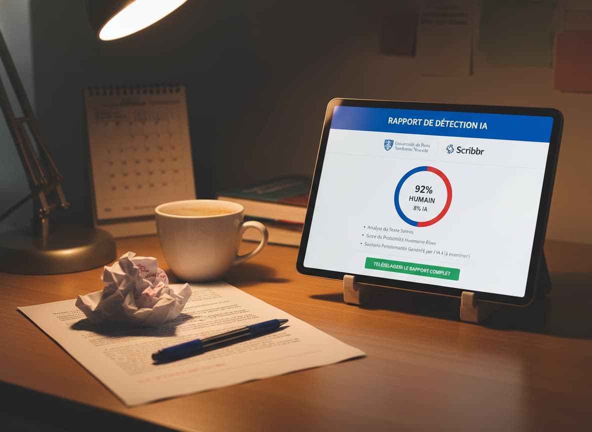 Un espace de travail étudiant avec une dissertation imprimée, une tablette affichant l'interface Scribbr avec un rapport de détection IA, une tasse de café et un stylo.