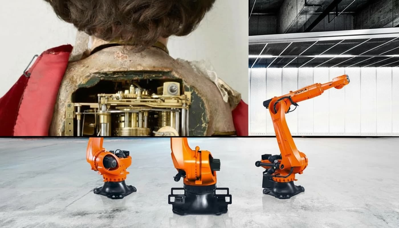 Un montage scindé présente un automate mécanique du XVIIIe siècle en laiton et bois au-dessus d'un bras robotique industriel orange dans une usine automobile.