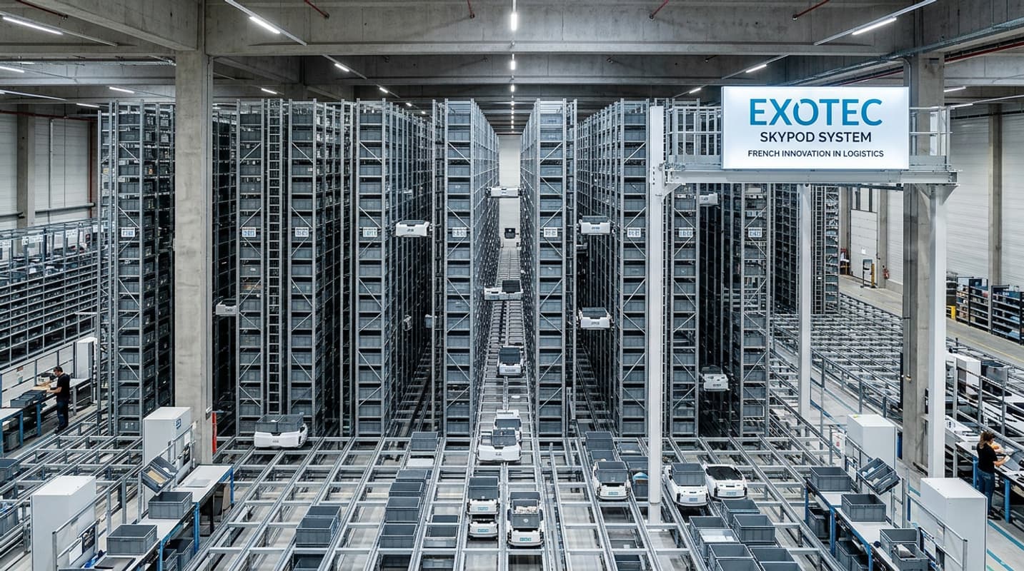 Des robots Exotec Skypod blancs et noirs escaladent des rayonnages de stockage verticaux dans un immense entrepôt logistique organisé vu en plongée.