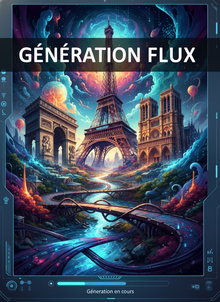 Interface d'intelligence artificielle affichant la génération en cours d'un paysage surréaliste avec des monuments français, avec une barre de progression et un texte superposé 'GÉNÉRATION FLUX'.