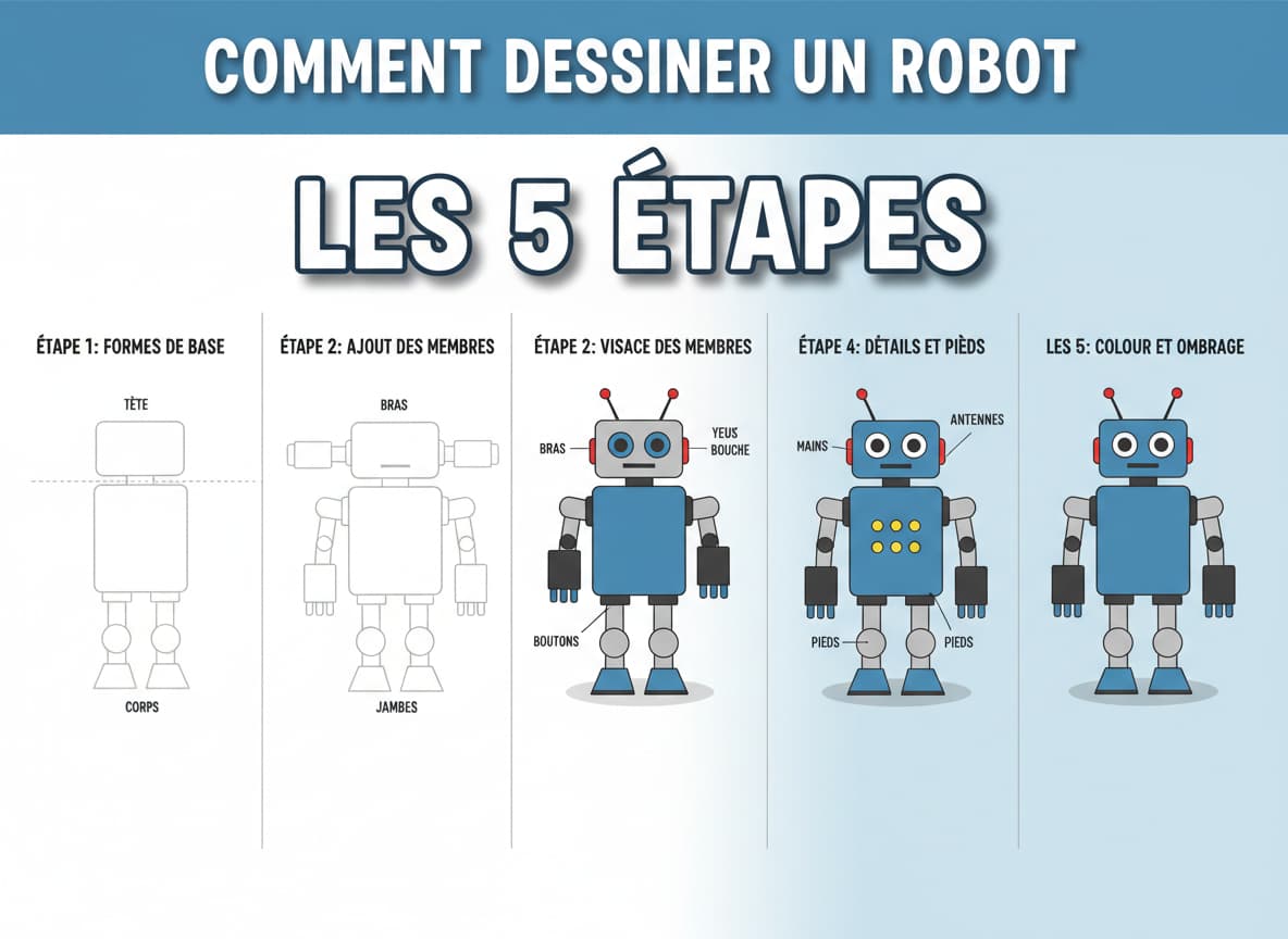 Infographie pédagogique montrant cinq étapes pour dessiner un robot, du simple croquis aux formes colorées avec membres cylindriques.