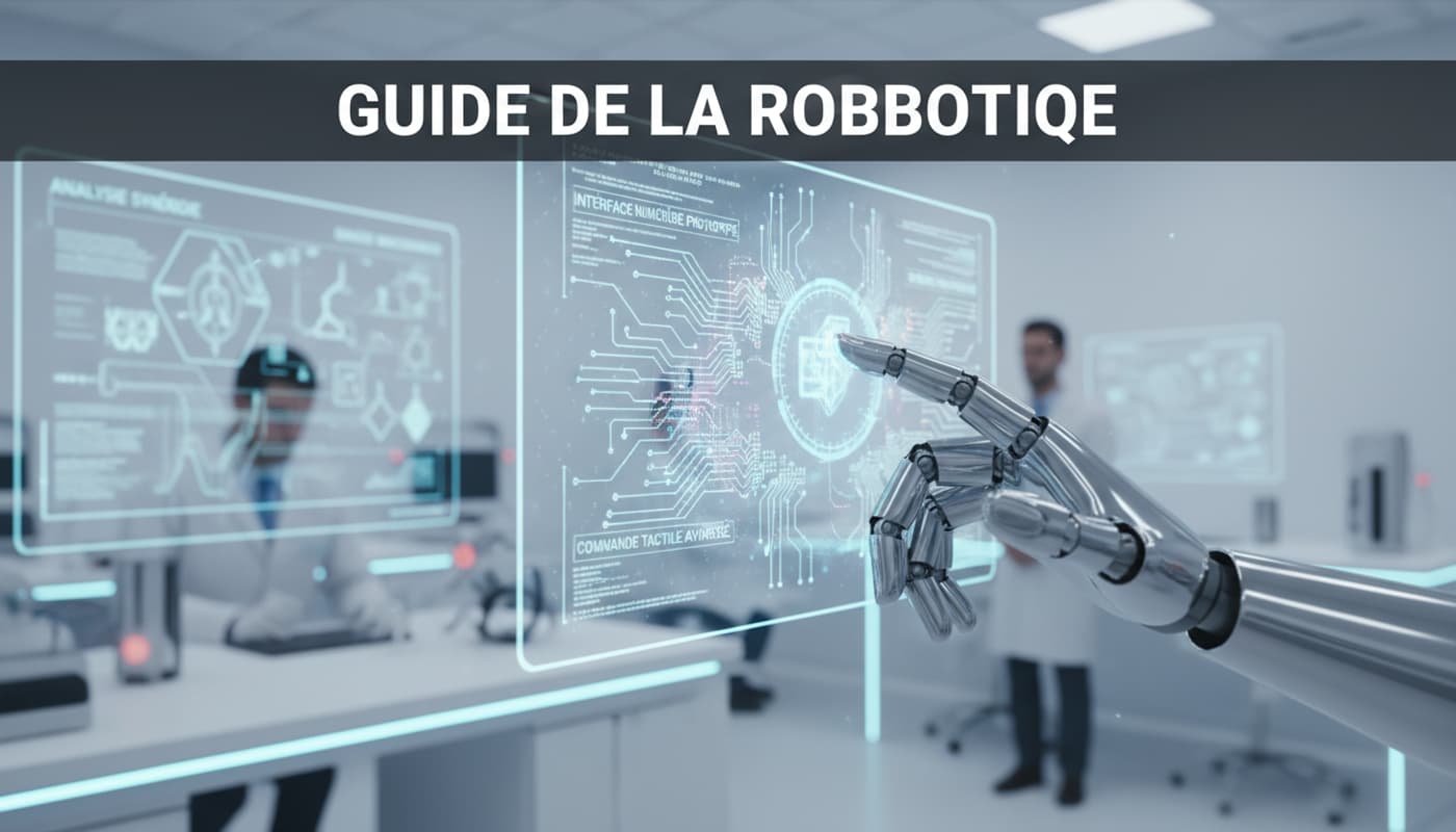 Une main de robot humanoïde effleure une interface de circuits holographiques dans un laboratoire moderne avec la mention Guide de la robotique.