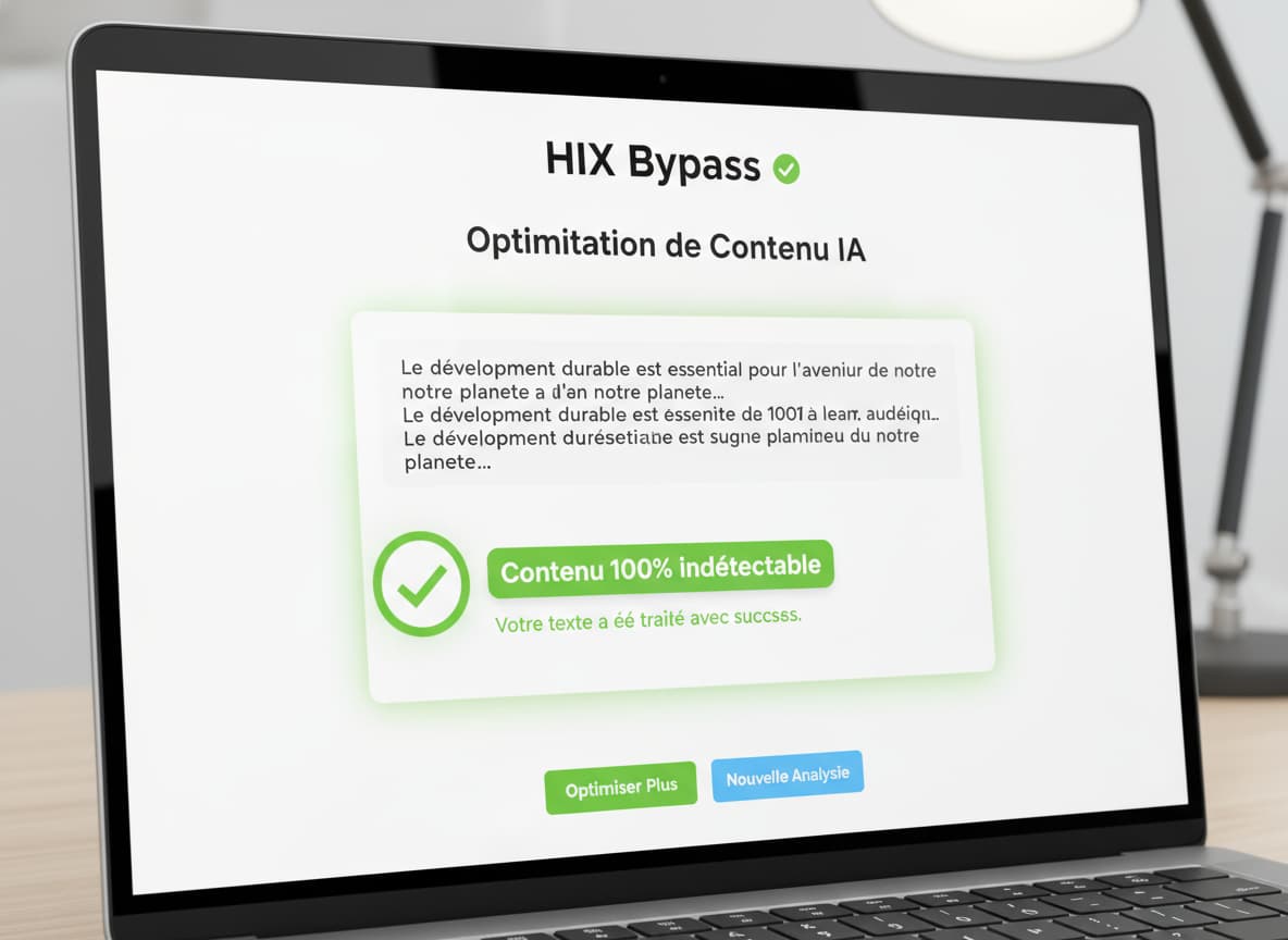 Un écran d'ordinateur affiche l'interface du service HIX Bypass avec une coche verte et le texte 'Contenu 100% indétectable'.