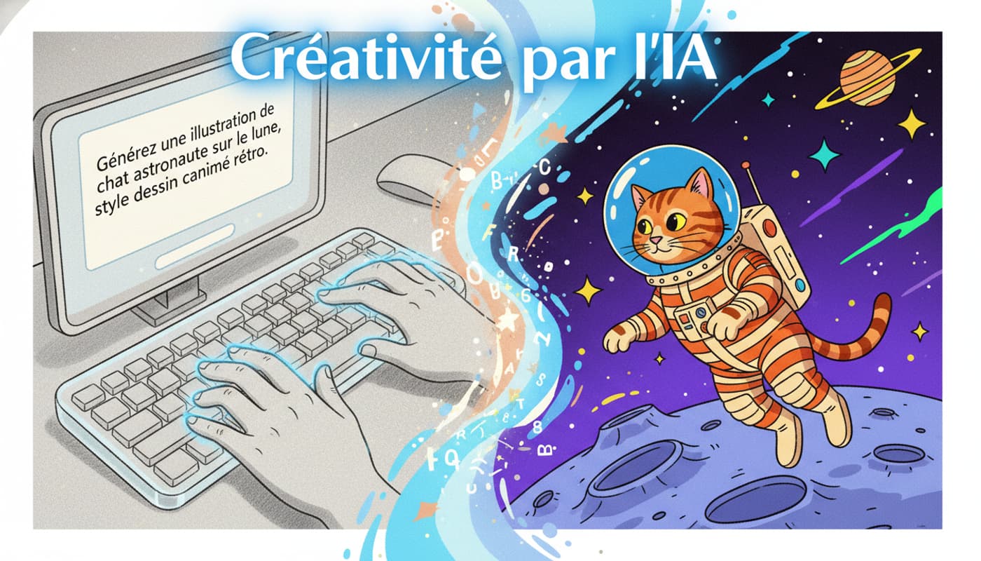 Illustration en écran partagé montrant à gauche des mains tapant une invite en français et à droite une œuvre d'art numérique représentant un chat astronaute sur la lune dans un style cartoon rétro, avec une transition fluide et un texte superposé 'Créativité par l'IA'.