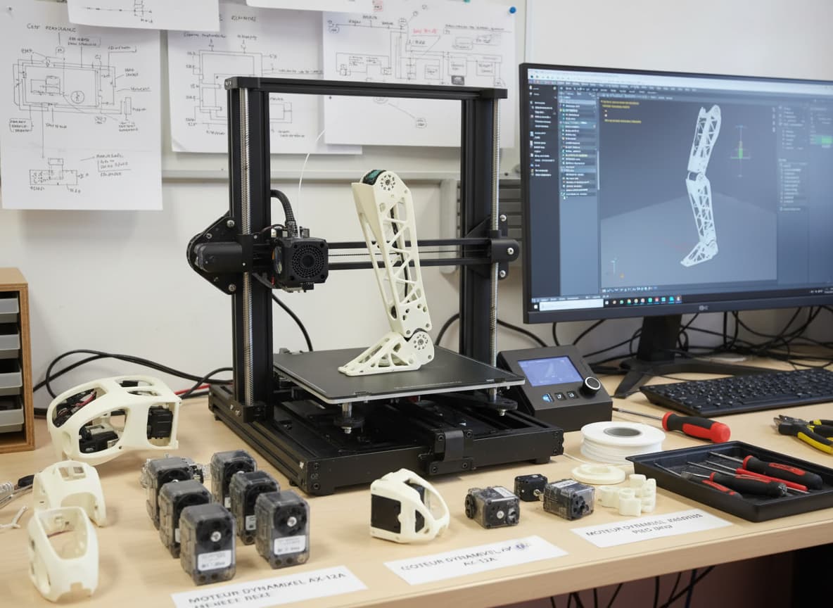 Une imprimante 3D dépose du filament blanc pour fabriquer une jambe de robot Poppy sur un établi entouré de servomoteurs Dynamixel et de coques modulaires.