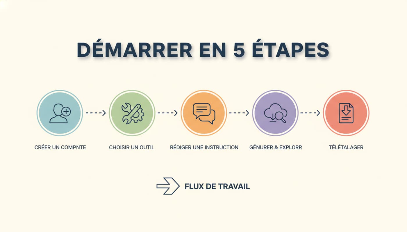 Infographie de cinq étapes avec des icônes vectorielles simples représentant la création de compte, le choix d'outil, la rédaction d'un prompt et le téléchargement, sur fond clair avec un texte 'DÉMARRER EN 5 ÉTAPES' ombré.