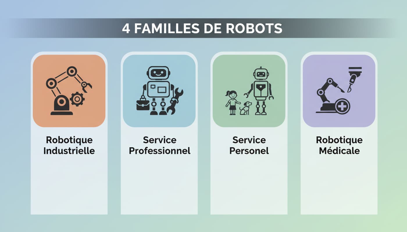 Infographie illustrant les robots industriels, de service professionnel, personnel et médicaux avec des icônes épurées sous le titre 4 FAMILLES DE ROBOTS.