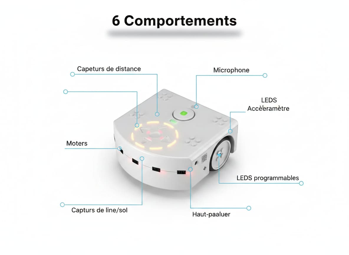 Robot Thymio vu de dessus avec des étiquettes en français désignant ses capteurs et l'inscription 6 Comportements avec une ombre portée.