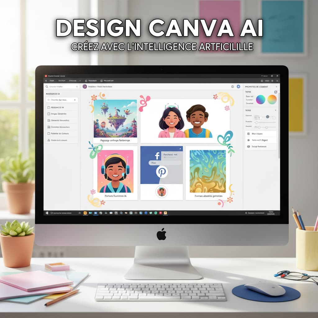 Écran d'ordinateur présentant une interface de design graphique colorée avec des modèles pour réseaux sociaux, des images générées par IA et des éléments décoratifs, ainsi que le texte 'DESIGN CANVA AI' avec une ombre portée.