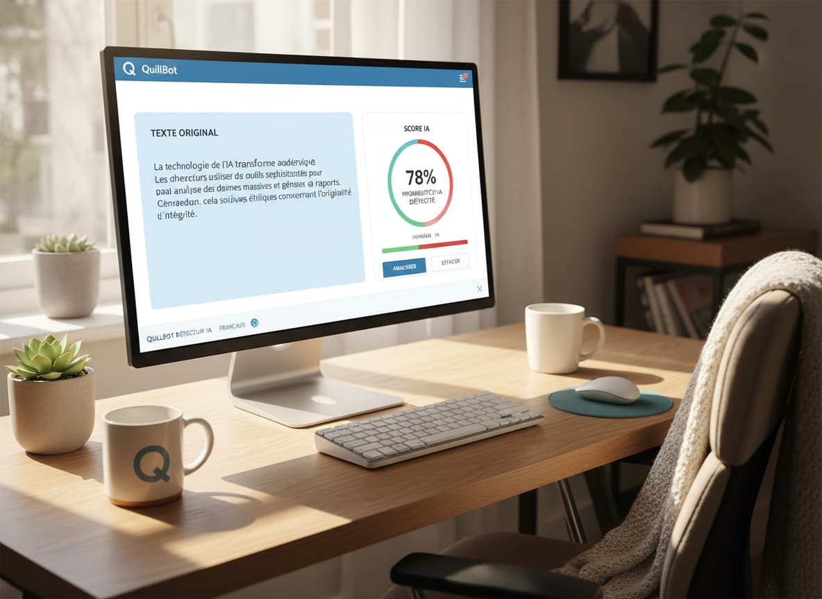 Interface colorée de l'outil de détection QuillBot affichant deux panneaux intitulés 'Texte Original' et 'Score IA' sur un fond clair.
