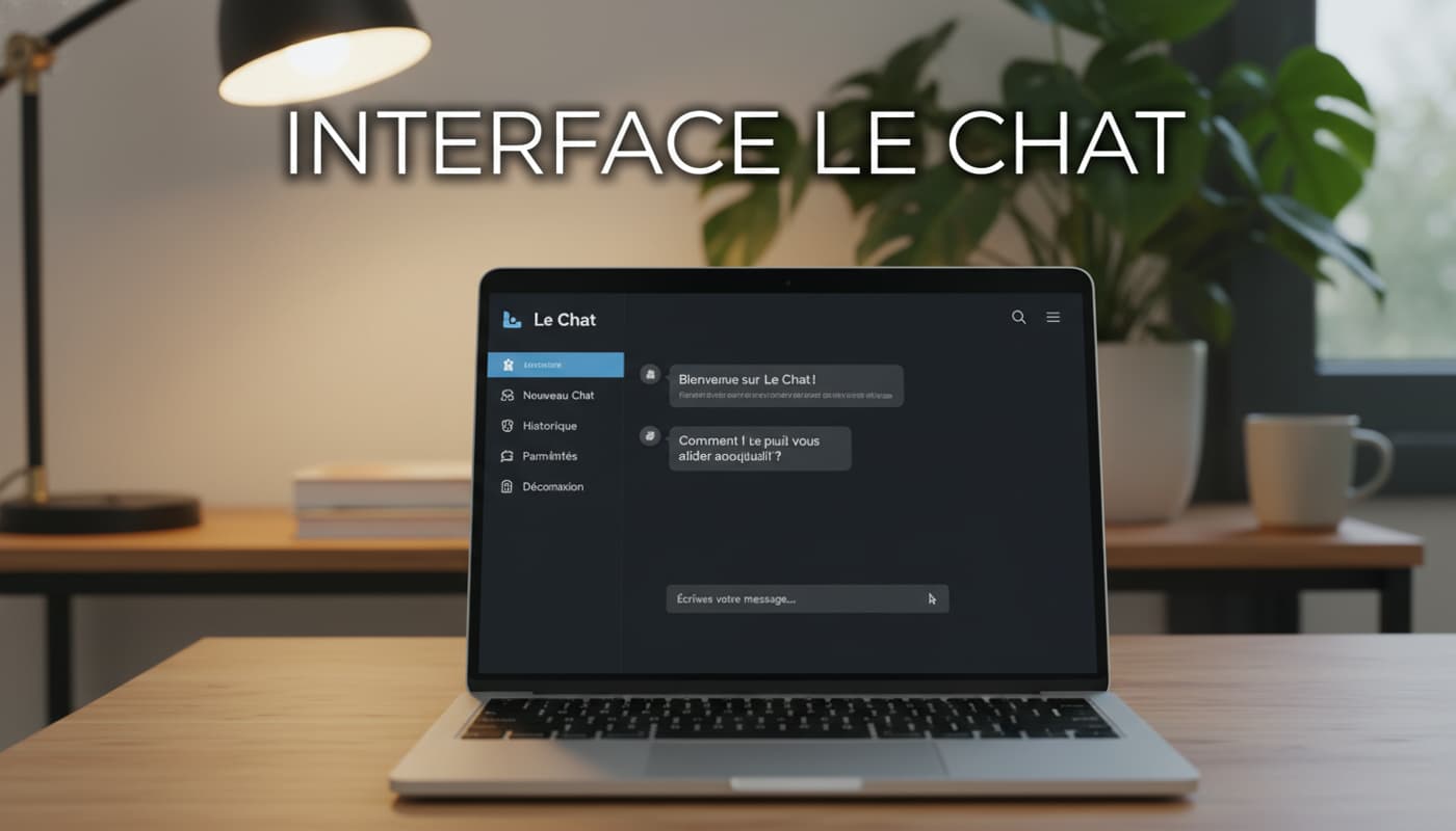 Écran de laptop affichant l'interface utilisateur 'Le Chat' en français, avec un décor de bureau cosy comprenant une plante et une lampe.