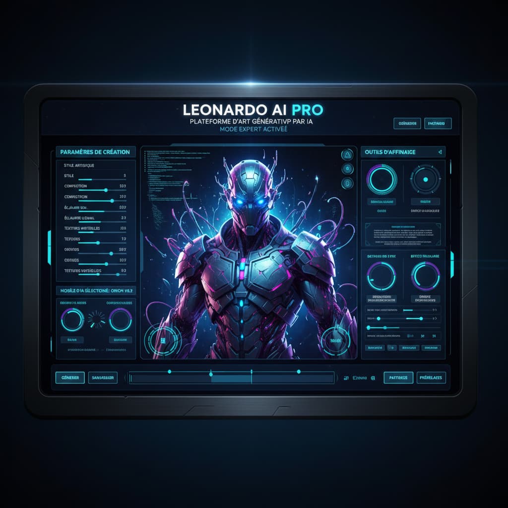 Interface numérique complexe de la plateforme Leonardo AI Pro avec panneaux de contrôle, curseurs et personnage de science-fiction en cours de rendu au centre.