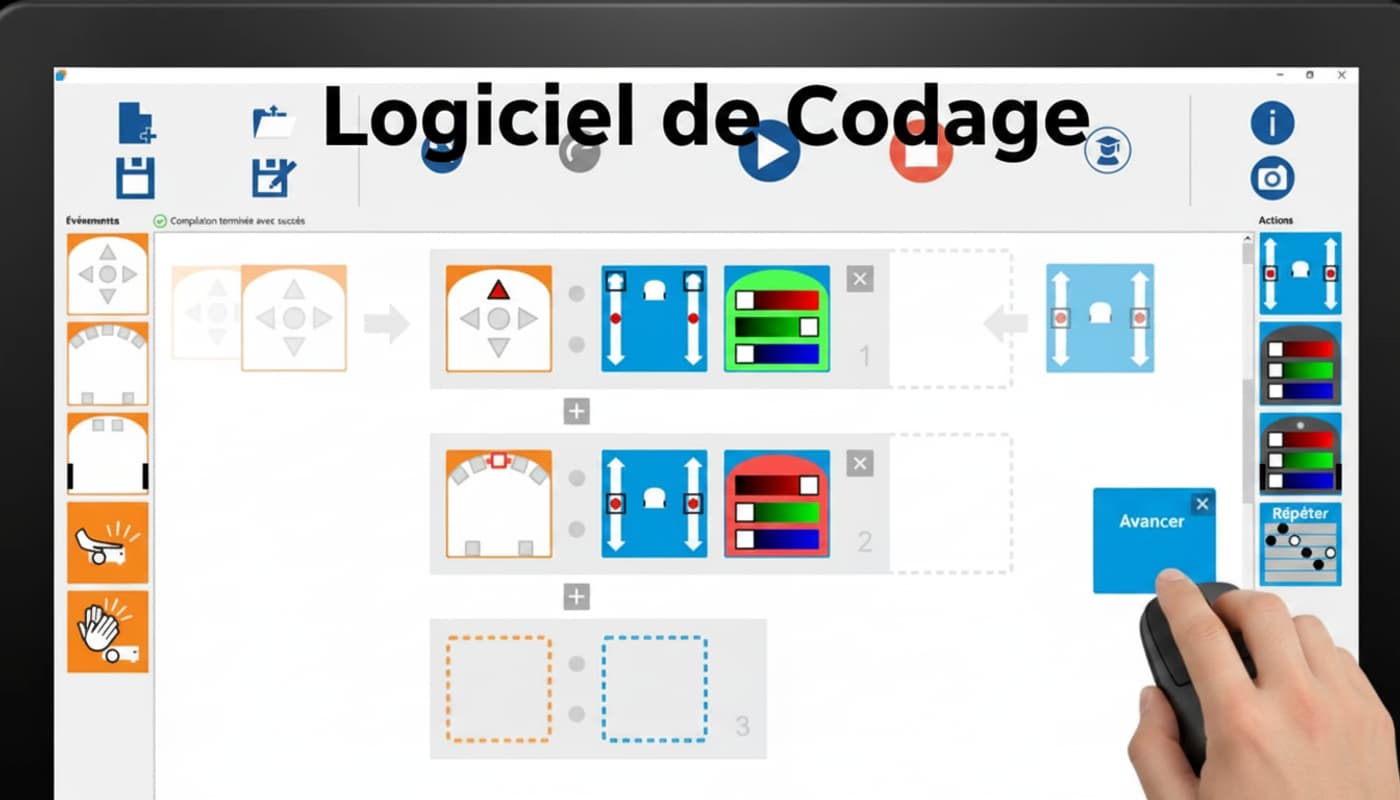 Main using a mouse to drag visual programming blocks in French on the Thymio Suite software interface showing coding environment.