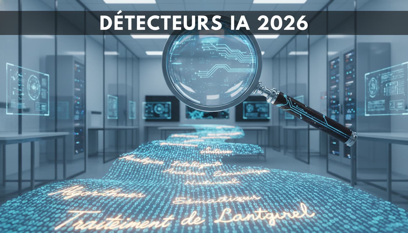 Plan large cinématographique d'une loupe futuriste survolant un flux de code binaire lumineux qui se transforme en écriture manuscrite française, avec le texte 'DÉTECTEURS IA 2026' superposé.
