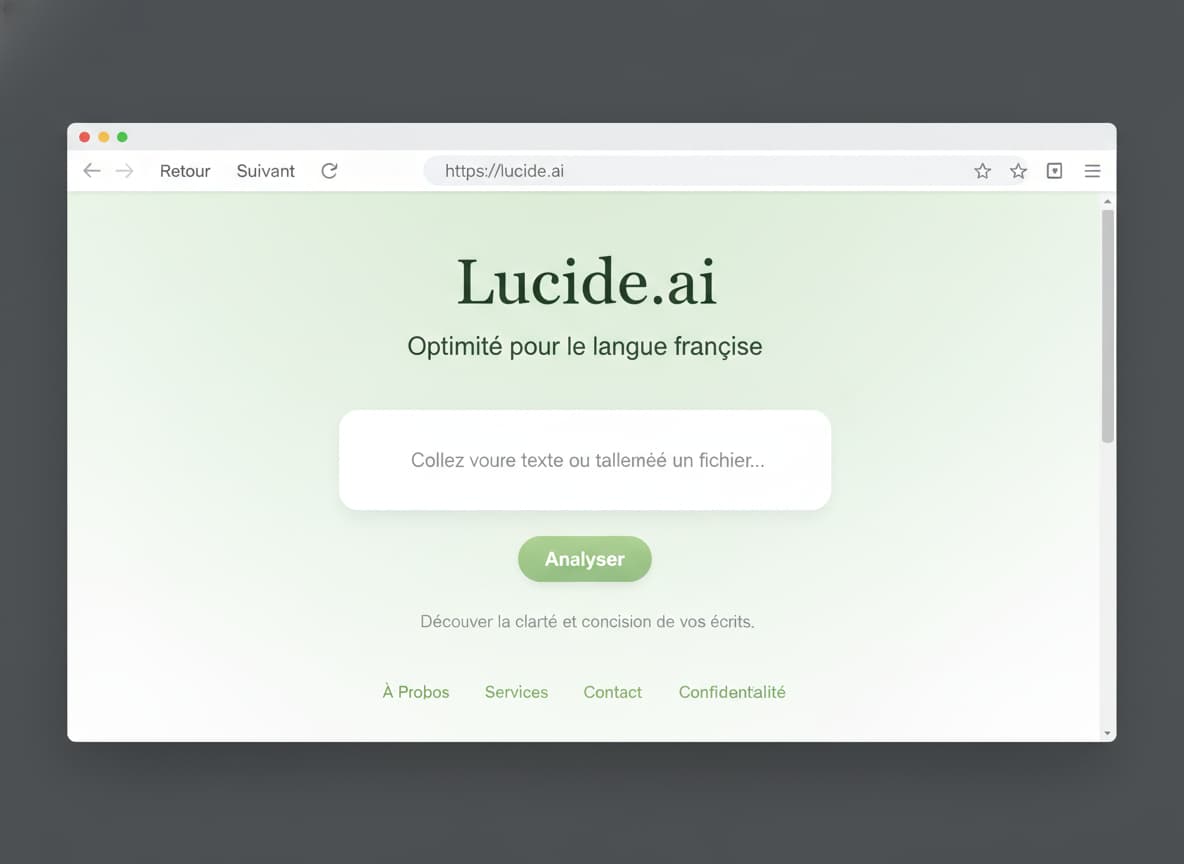 Fenêtre de navigateur web affichant la page d'accueil de Lucide.ai, avec un champ de texte large et un bouton 'Analyser', dans des tons verts et blancs.
