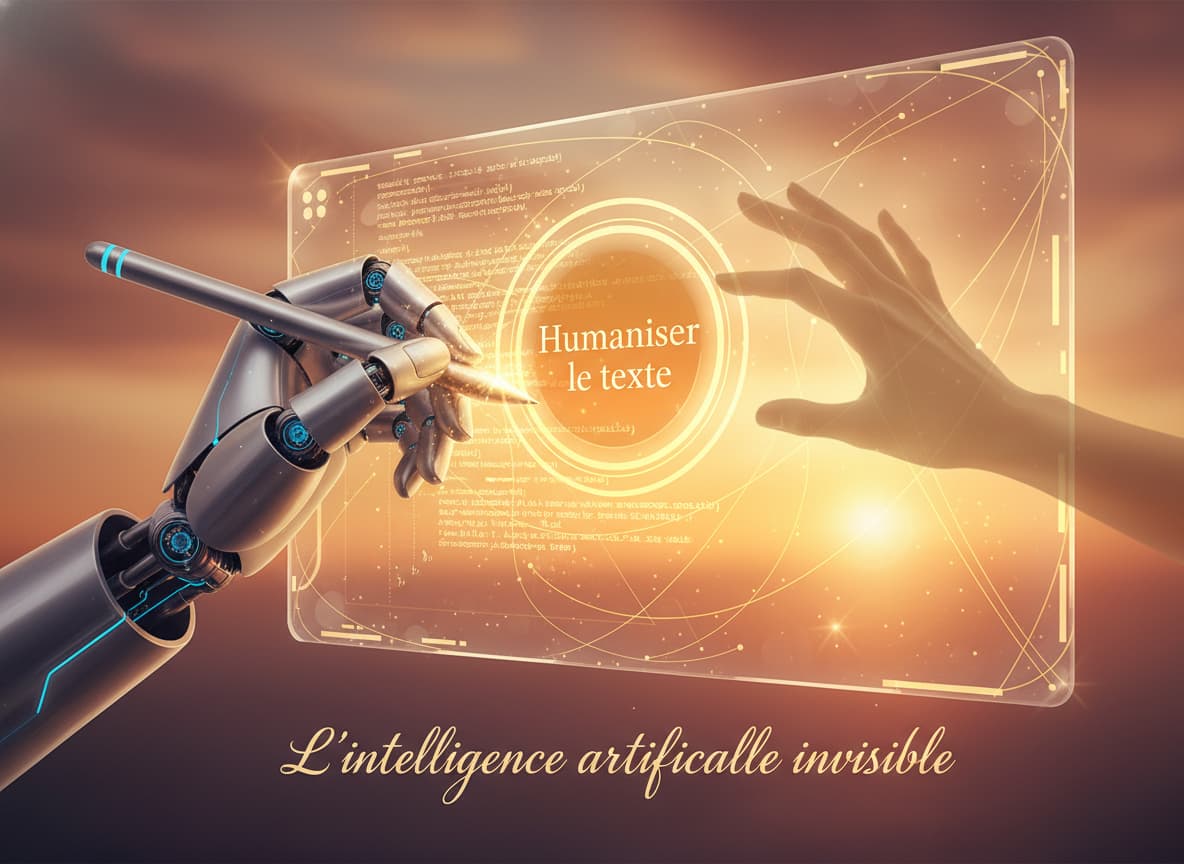 Main robotique écrivant sur un écran, dont l'ombre se transforme en main humaine, avec un bouton 'Humaniser le texte'.