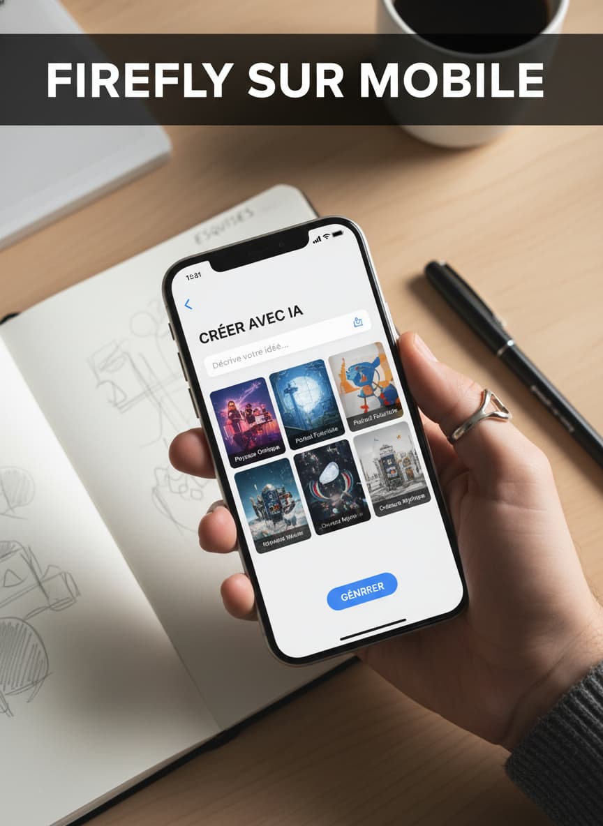 Vue de dessus d'une main tenant un smartphone affichant l'interface d'une application de création IA, avec un carnet de croquis et un stylo en arrière-plan, et le texte 'FIREFLY SUR MOBILE' superposé.