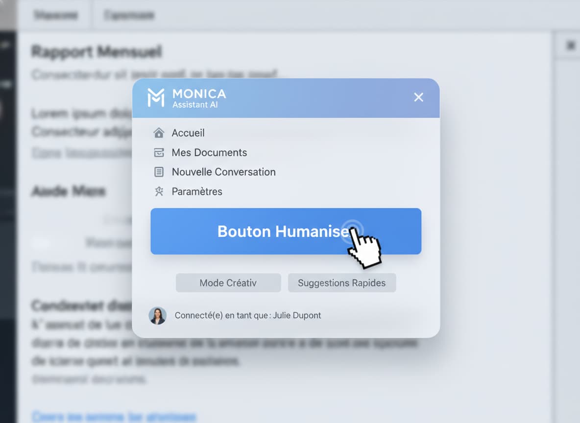 Une fenêtre flottante de l'assistant Monica avec un curseur cliquant sur un bouton bleu intitulé 'Bouton Humaniser' sur un fond d'éditeur de document flou.
