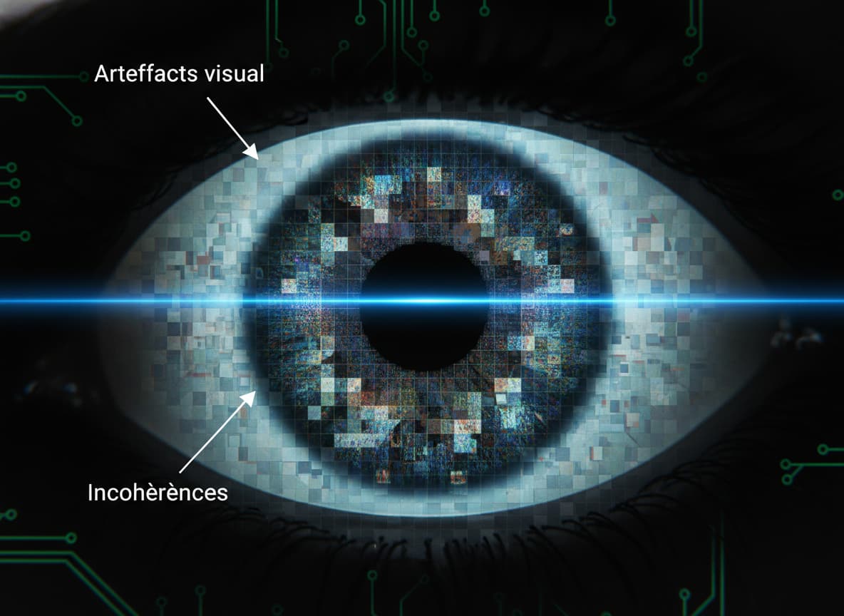 Gros plan extrême d'un œil numérique présentant des irrégularités de pixels, traversé par une ligne de balayage avec des annotations en français 'Artefacts visuels' et 'Incohérences'.