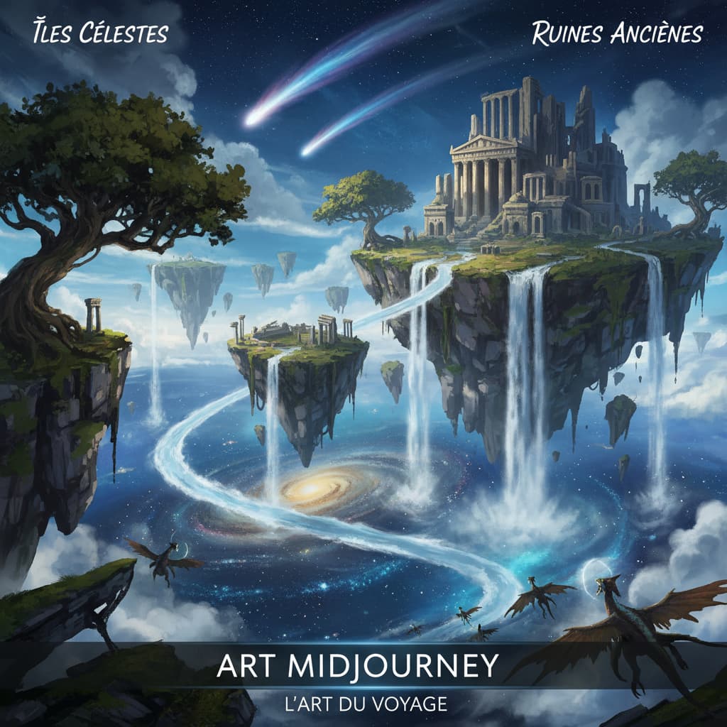 Paysage fantastique avec îles flottantes, cascades, ruines antiques, ciel céleste, et texte 'ART MIDJOURNEY' superposé en français.