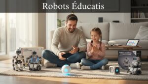 Un père et sa jeune fille sourient en observant un petit robot sphérique rouler sur le sol d'un salon entourés de divers modèles de robots éducatifs.